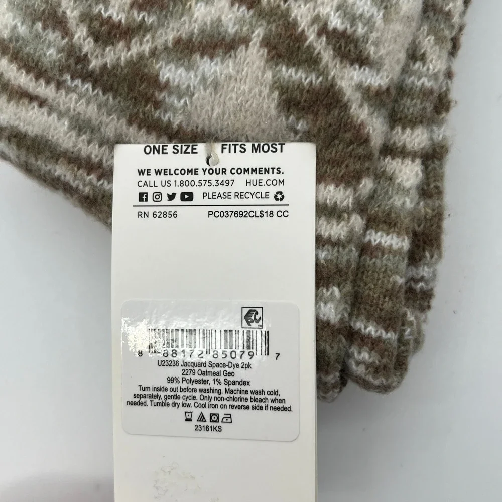 HUE Crew Boot Socks Womens OS Oatmeal Geo Jacquard Space-Dye 2pk U23236 Brown